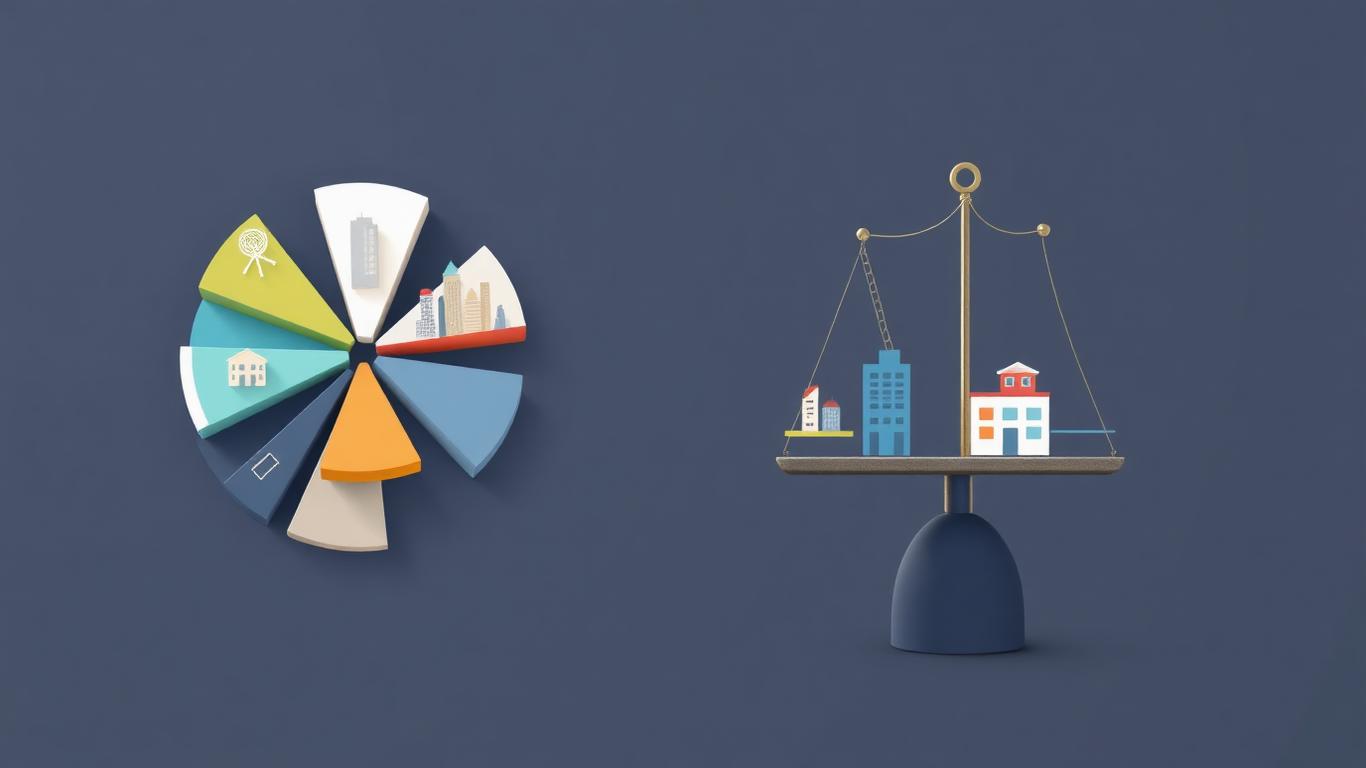 Diversified portfolio concept with balance and pie chart