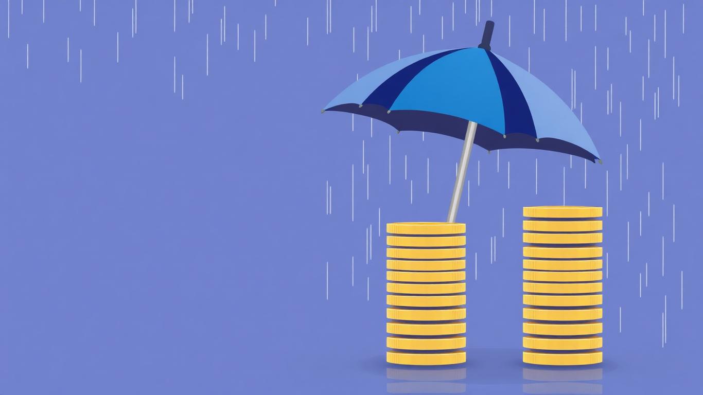 Umbrella protecting stacks of coins from rain