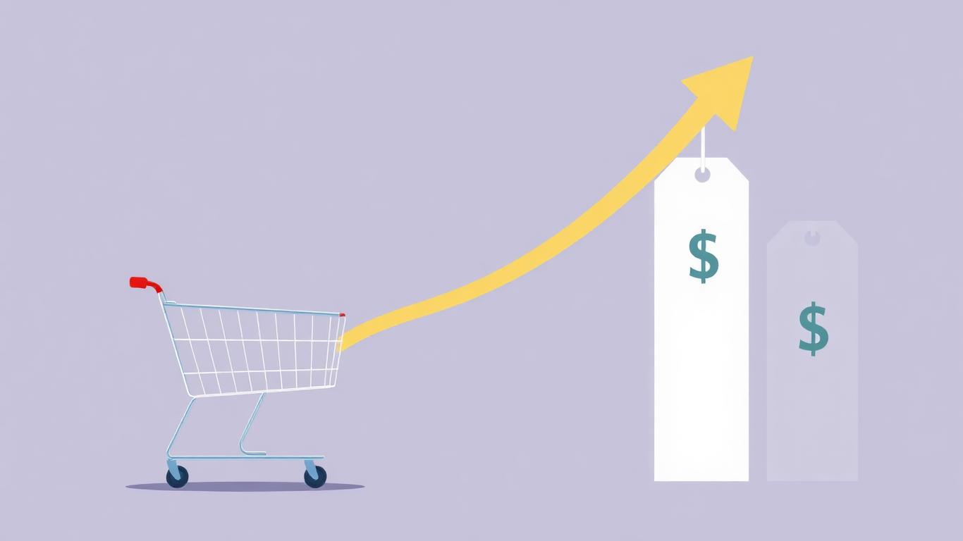 Shopping cart and rising price tags representing inflation